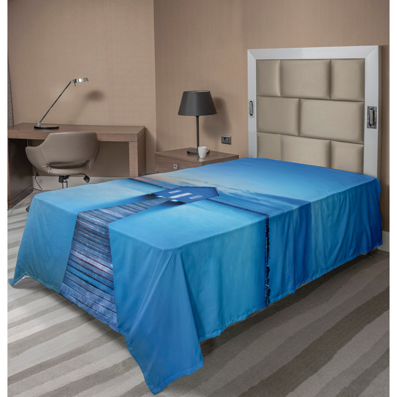 Ambesonne Nature Top Flat Sheet Sunrise Lakehouse Cabin Blue Orange Grey, Twin XL Flat Sheet