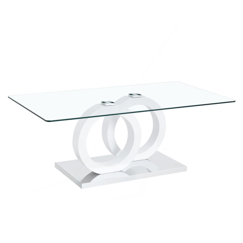 Modern Glass Top Coffee Table with Wooden Base - Minimalist Living Room Center Table, White, 19.5" L