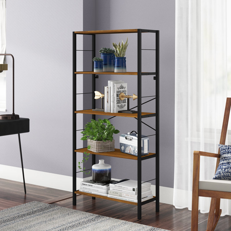 Hallum 64" H x 30" W 5 Tier Modern Rustic Bookcase, Steel Etagere Bookshelf, Storage Rack for Home Office, Living Room, Kitchen, Coffee Shelves and Black Frame
