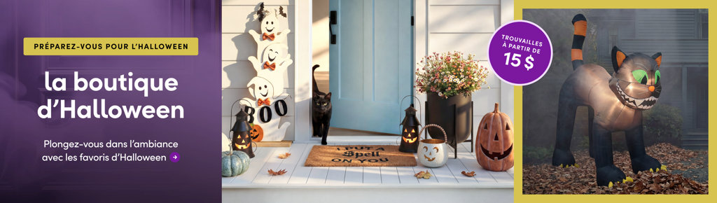 La boutique d'Halloween, trouvailles à partir de 15 $, présente une décoration de porche avec des fantômes en bois, un chat noir entrant par la porte et un chat gonflable sur la pelouse.