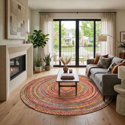 Hand Braided Cotton & Jute Contemporary Dark Multicolor Round Indoor / Outdoor Area Rug