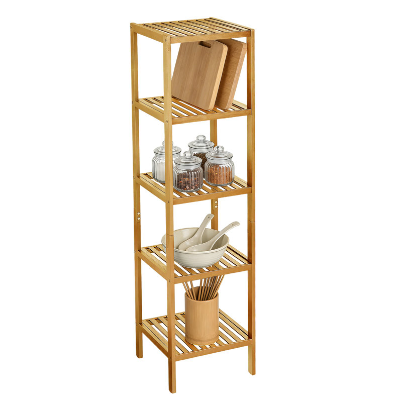Étagère de salle de bain en bois naturel à 5 niveaux peu encombrante, Brown