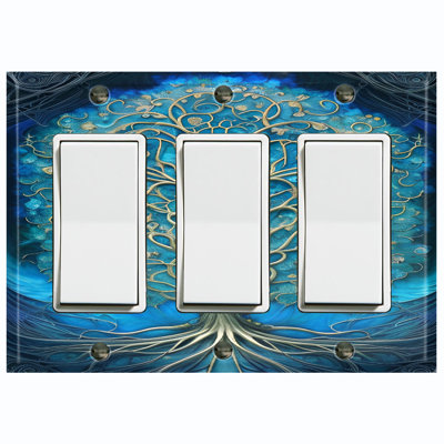 Tree Of Life Wood Flower Blue Nature Themed 3 - Gang Rocker Standard Wall Plate