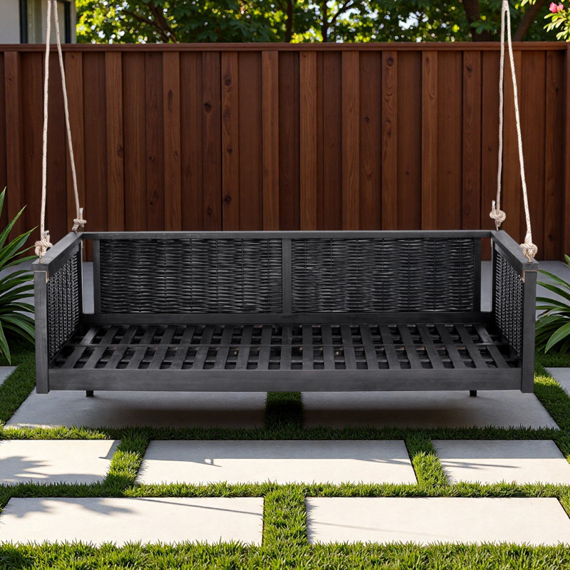 Lit de balançoire extérieur avec système de corde sécuritaire et rotin durable, Noir