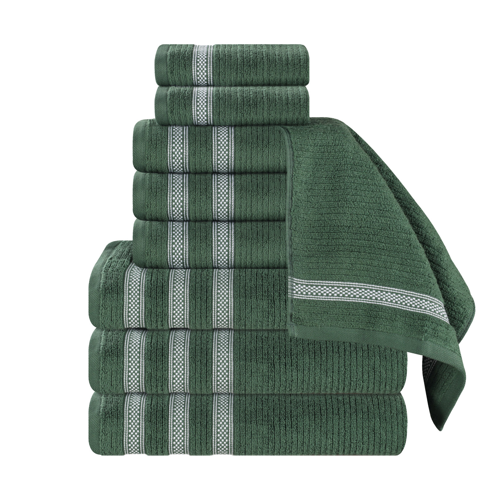 9-Piece Geometric Zero-Twist Cotton Towel Set, Forest Green, 9PCs set: (3 Face, 3 Hand & 3 Bath towels)