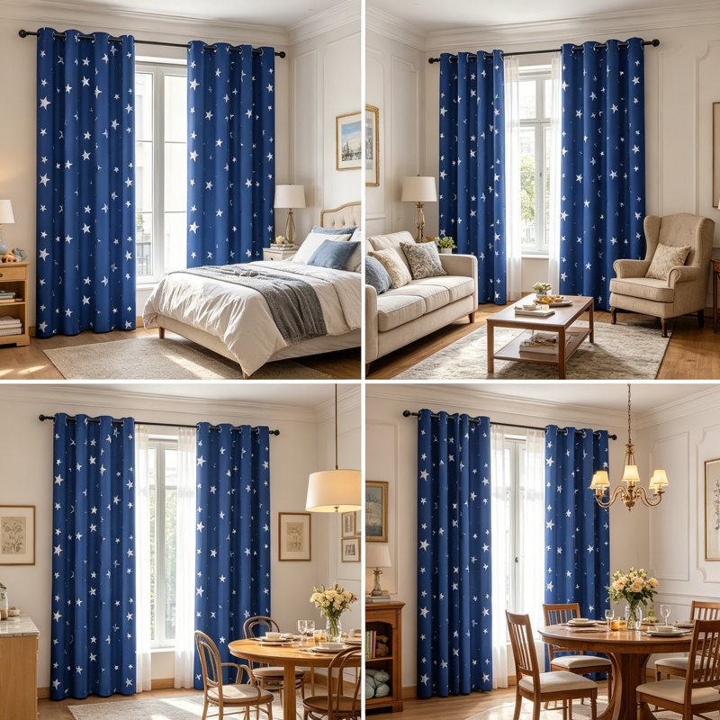 Blue Star Foil Blackout Curtains for Kids Bedroom 116x137 cm (1 Pair)