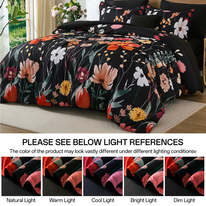 Ensemble d'édredon 8 pièces avec draps et taies d'oreiller, Noir, Édredon grand + 7 articles supplémentaires