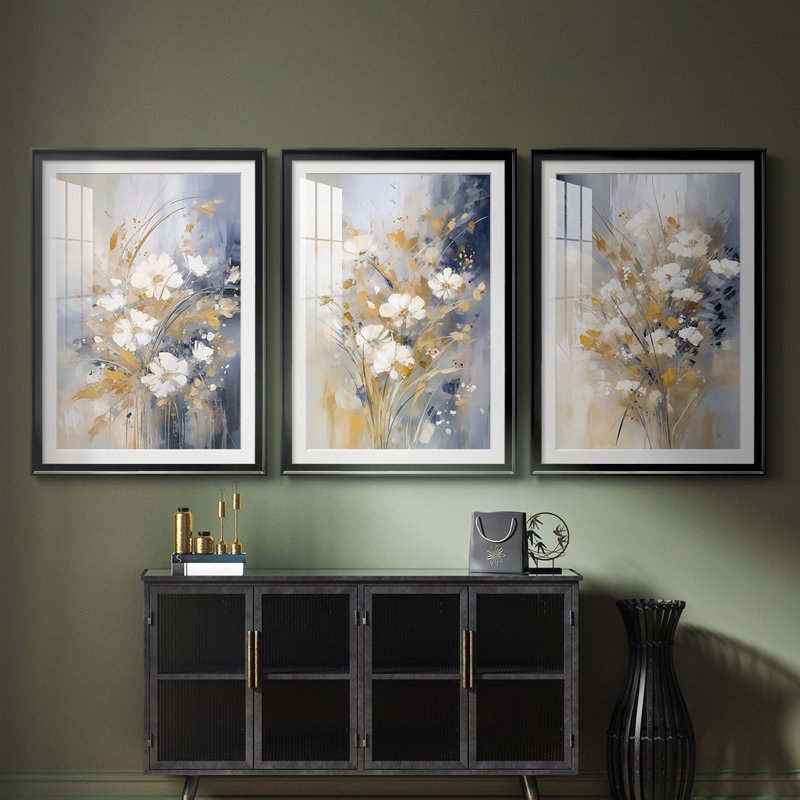 FLORAL Series CECXIV - Impression sur mesure encadrée de qualité supérieure - 3 pièces, Noir, H 21 po x l 30 po