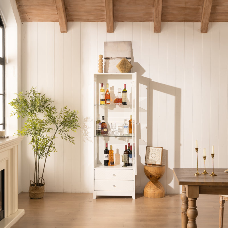 71'' Freestanding Wine Cabinet With Glass Door, Upholstered Elements, 2 Storage Drawers, Adjustable Shelves, 5 Colors Led Ceiling , 180 Panoramic View For Office Decoration - White Doors, Dining Room