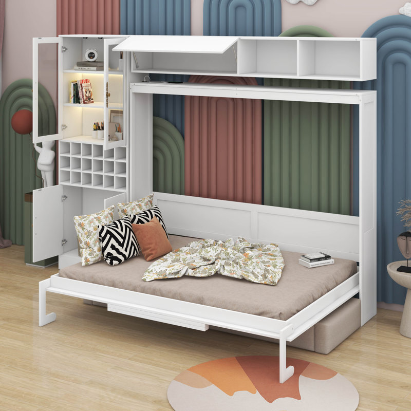 Full Size Murphy Bed With Sofa，USB & Light, Full, White
