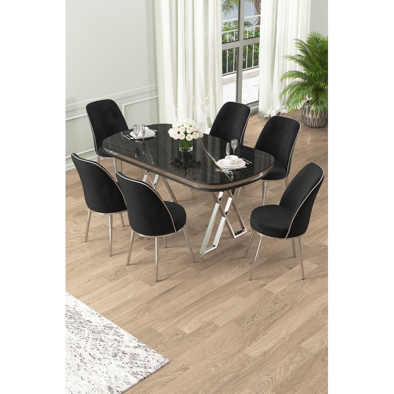 Ensemble de table et chaises de salle à manger moderne 7 pièces, finition marbre noir et chrome | Table 66,1 x 29,9 x 35,4 pouces, 6 chaises 17,7 x 35,8 x 16,5 pouces | Panneau 100% laqué, pieds en métal durables, tissu élégant pour la face de bébé, parfait pour les salles à manger glamour