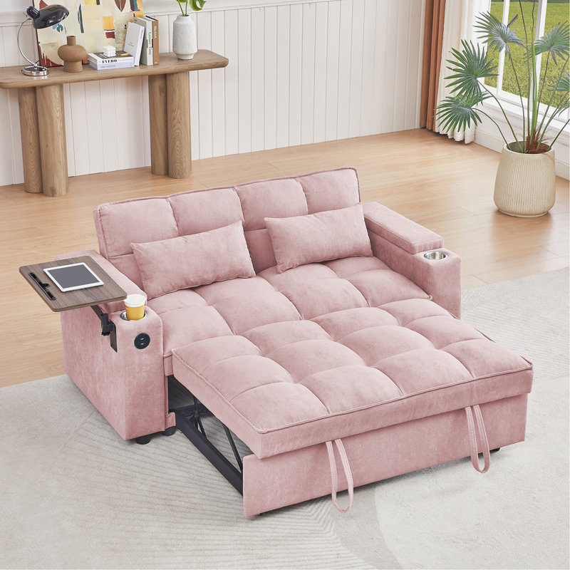 Pink Chenille Loveseat Sleeper Sofa Bed With Storage Armrest