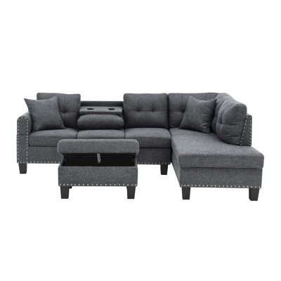 Canapé modulaire en forme de L gris avec rangement, prise de courant et porte-gobelets rabattables pour un décor moderne avec plateau relevable intégré, confort à la maison