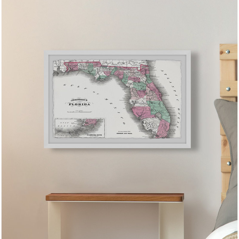 «Old Florida Map», reproduction d'art graphique sur papier encadré, H 12 po x l 18 po x 1,5 po