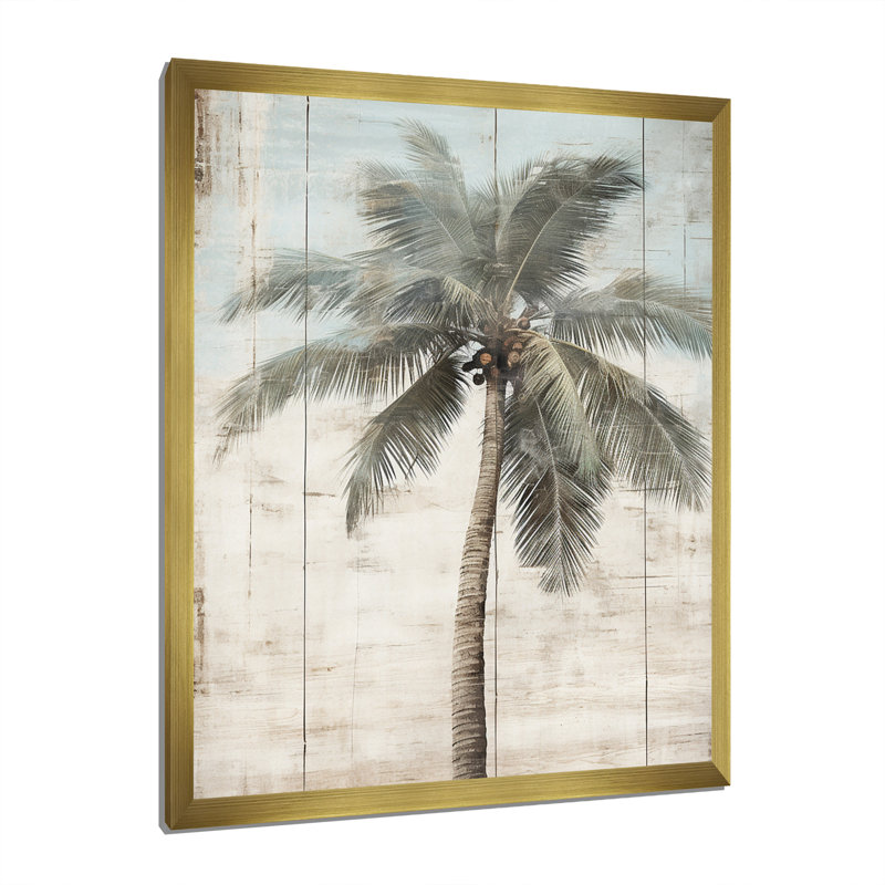 Palmier tropical dans des couleurs rétro délavées - prairie, art mural, H 32 po x l 16 po x P 1 po, Cadre doré simple