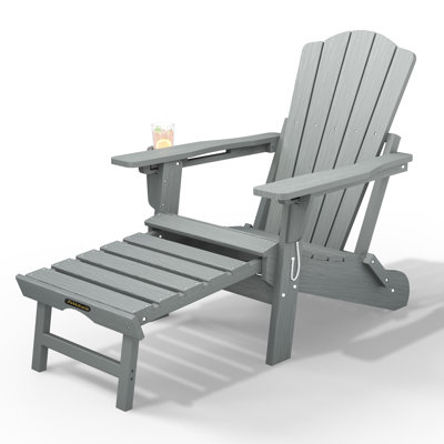 Pakkdiarie Folding Adirondack Chair with Retractable Ottoman, Outdoor HDPE Reclining Adirondack Chair with Cup Holder for Patios,Lawn,Backyard