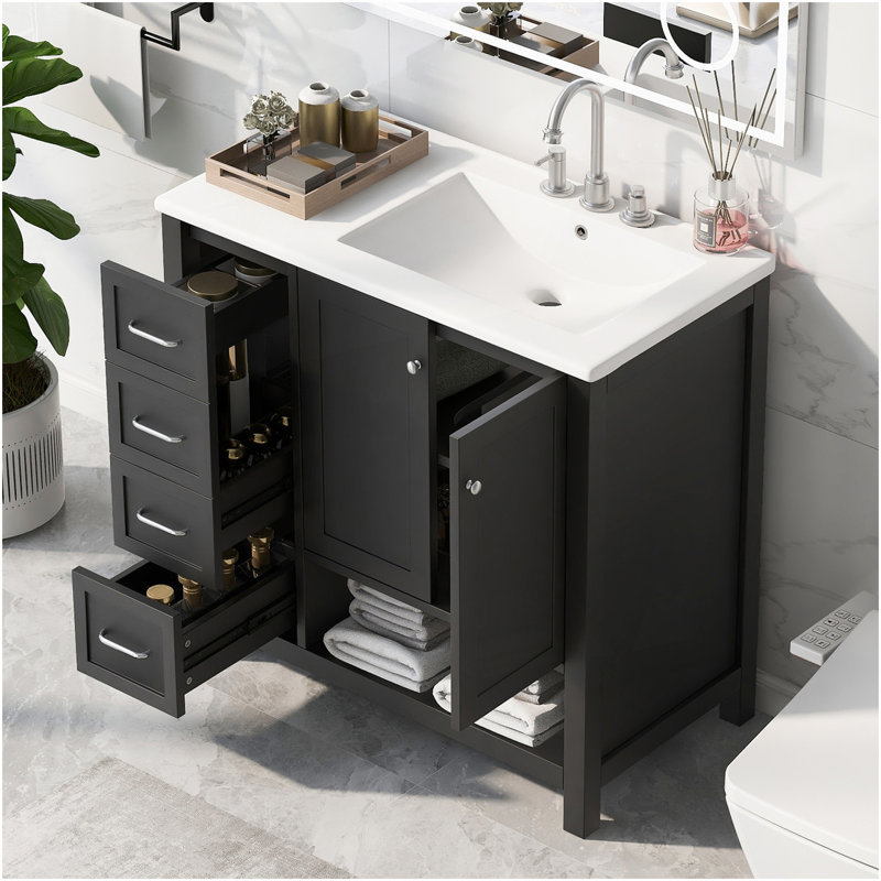 36" Bathroom Vanity With Sink Top, Bathroom Vanity Cabinet With Two Doors And Two Drawers,  Wood, Open Shelf, MDF Boards, One Package, Black