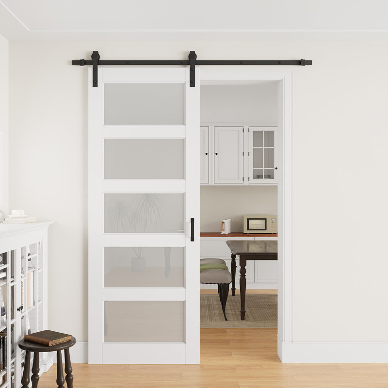 Porte de grange coulissante en verre 32 po x 96 po avec surface finie, toute la quincaillerie d'installation et la fermeture en douceur sont incluses, peut être repeinte, aucun assemblage requis