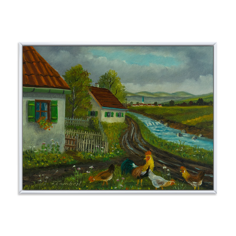 Trois poules et un coq dans un pré avec des fleurs - peinture sur toile, H 24 po x l 32 po x P 1 po, Cadre flottant blanc