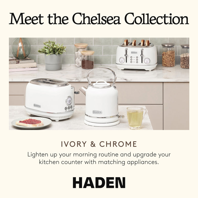 Haden Chelsea Stainless Steel 2 Slice Toaster, Extra Wide Slots, Ivory & Chrome, Ivory