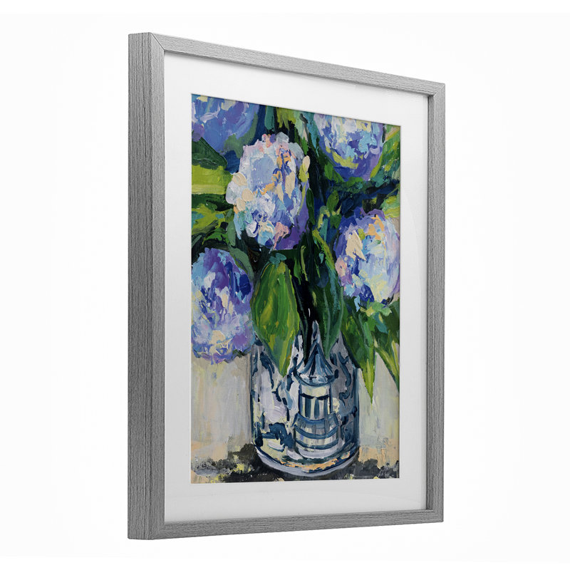 «China Hydrangeas», reproduction sous verre encadrée, design par Jeanette Vertentes, Cadre de ferme gris, H 16 po x l 13 po