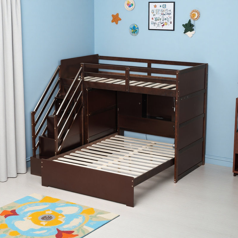 Twin Over Full Bunk Bed With Storage Stairs, Wardrobe,USB And Ligh, Espresso