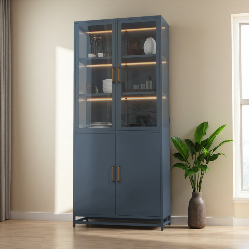 76.75'' Tall Display Cabinet, With Glass Doors And LED Lights, Steel Curio Cabinet With 3-Sided Glass, Pantry Cabinet With Storage For Hallways