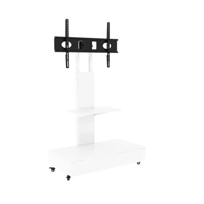 Meuble télé mobile blanc avec tiroir coulissant, 82 x 190 cm, hauteur réglable et roulettes, idéal pour le salon ou le bureau.