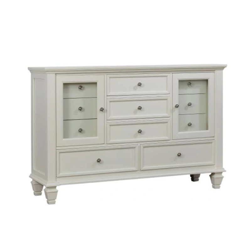 Ensemble de très grand lit 4 pièces Lila, tête de lit à panneau en bois blanc, commode de coiffeuse, Blanc crème, Grand