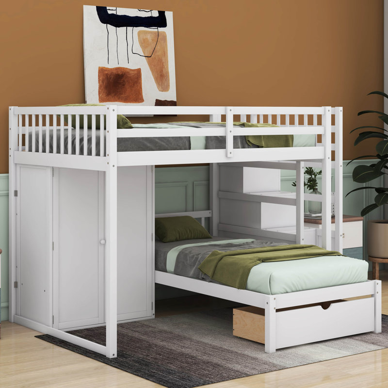 Lit superposé simple et double 5 tiroirs en bois massif avec bibliothèque Javiah par Munora, Blanc