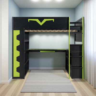 Full Size Gaming Loft Bed With Integrated Desk，RGB LED Lights, Pro-Gamer Bed With Power Outlet, Large Bookshelf, Pegboard, Keyboard Tray，Storage Drawer, 3 Colors Available