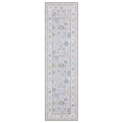 Kugler Floral Traditional Blue/ Green Printed Washable Flat Pile Area Rug