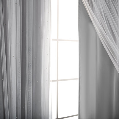 Pearl Beaded Tulle Overlay Room Darkening Grommet Curtains (Set Of 2)