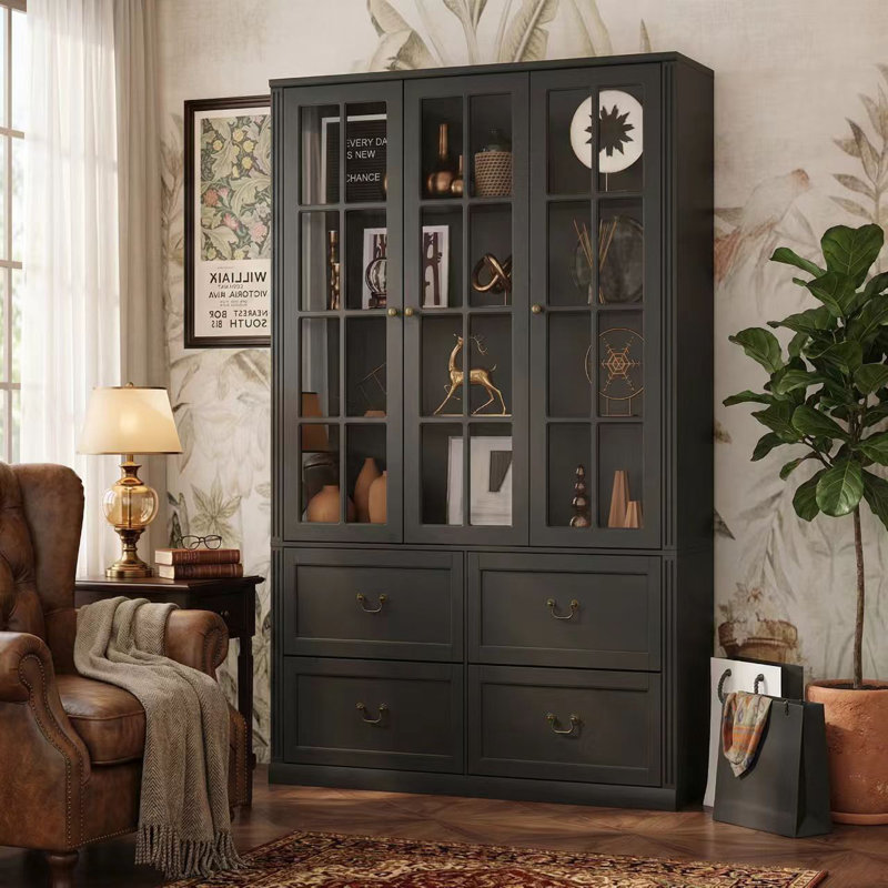 78.7'' H x 47.2'' W Wood Display Case with Drawers, Black 