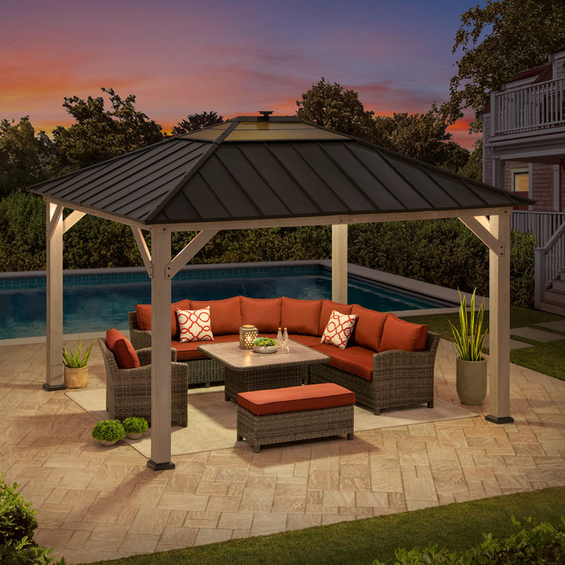 Sunjoy 11’ x 13’ Grayden Wood Gazebo, Outdoor Patio Solar Powered Hardtop Gazebo with One-Tier Metal Roof, LED Light  and Ceiling Hook