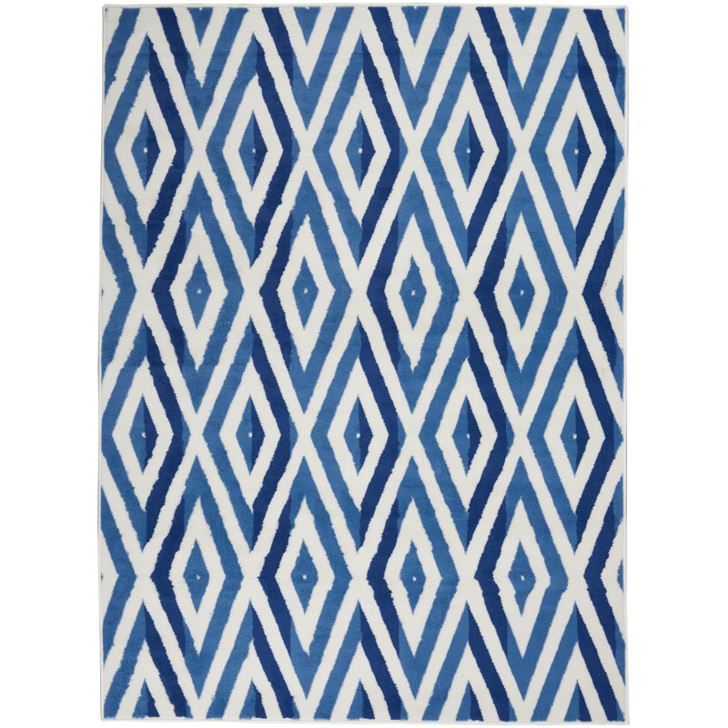 Tapis géométrique bleu / blanc, Rectangle 7 pi x 10 pi