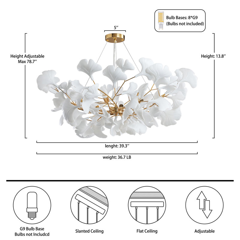 Lustre en feuille de ginkgo Glovsky, H 13,8 po x l 39,3 po x P 39,3 po, Argent argent, 8