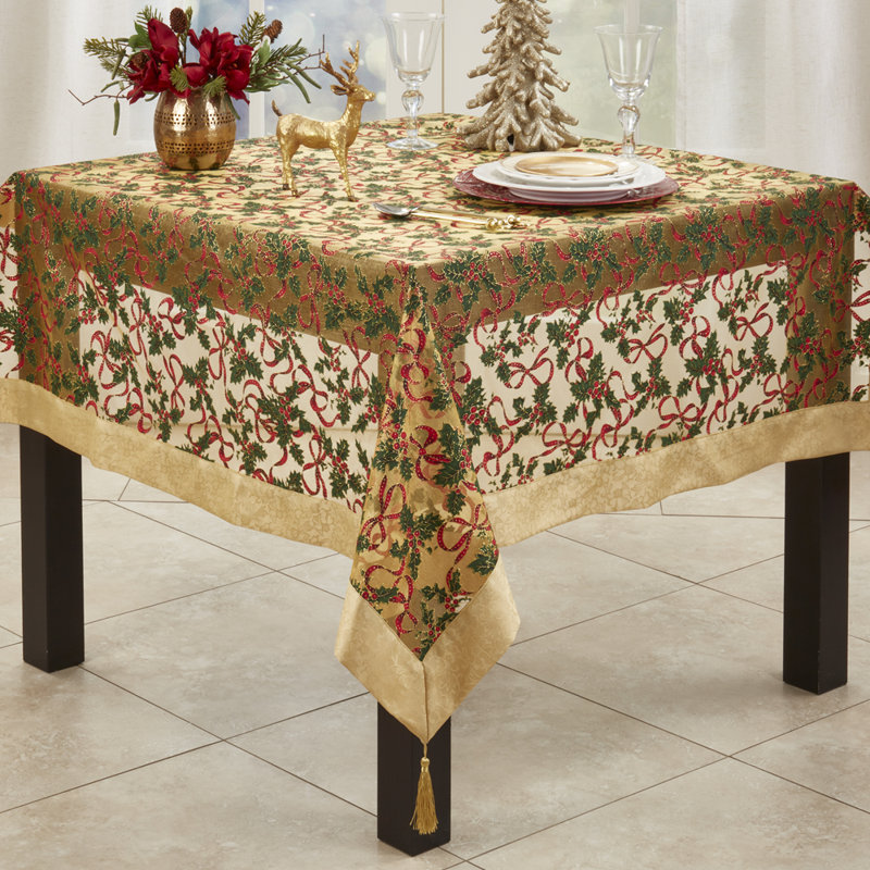 Gold Satin Border And Tassels Holly Ribbon Holiday Christmas Sheer Tablecloth, 54" W x 54" L