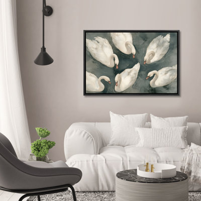 Graceful White Swans Swimming on Calm Water Nature Framed Print Wall Art