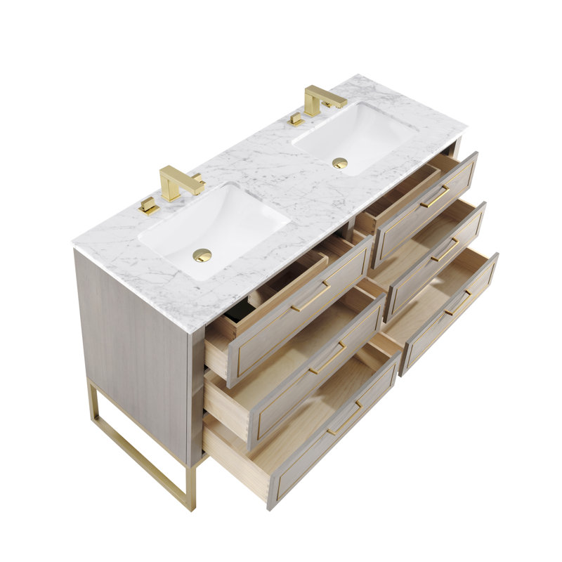 Markham 60'' W Double Vanity, Cashmere Gray, Carrara Marble, Satin Brass