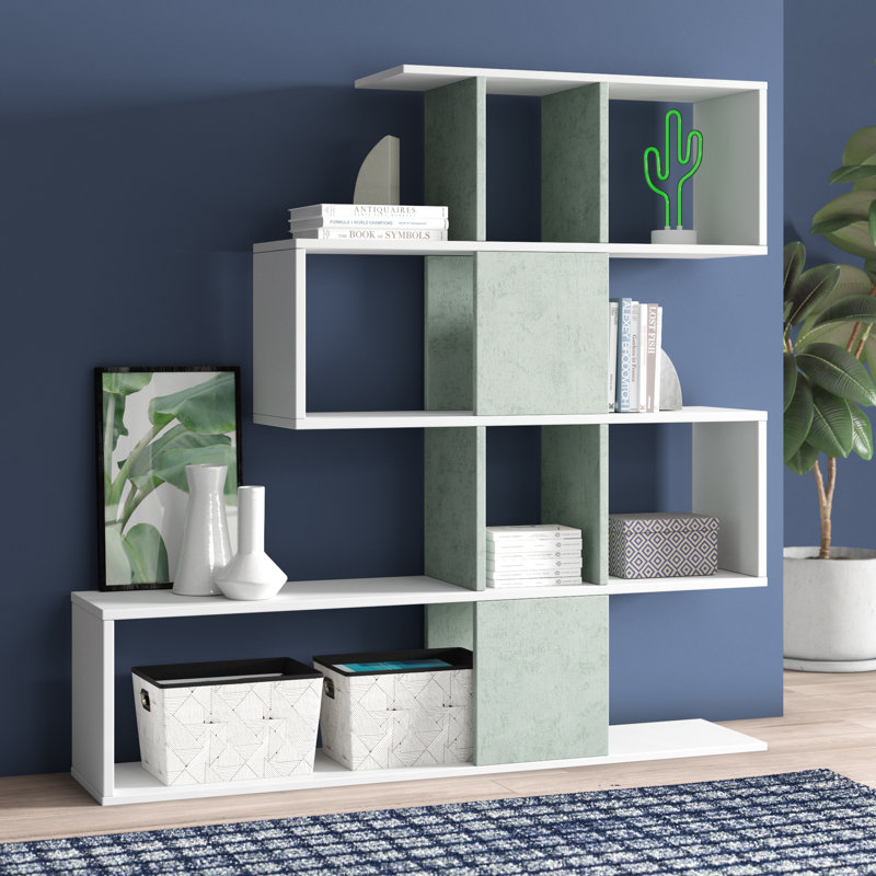 Bookshop Pueblo, Bookcase With 7 Compartments, Modern Office Shelf, Wall Unit With Shelves, White/Grey