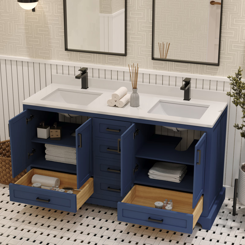Meuble-lavabo double 60 po Maya avec comptoir en quartz blanc Maya, Bleu, Noir mat