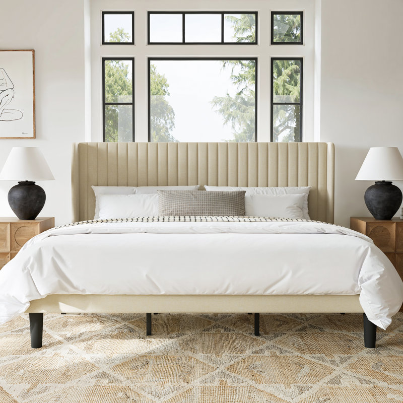 King Size Upholstered Platform Bed with Wingback Headboard and Wooden Slats, Beige, King