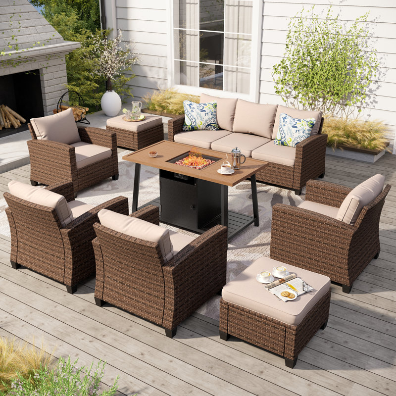 9 - Person Outdoor Wicker Patio Conversation Furniture Set With Fire Pit Table, Beige