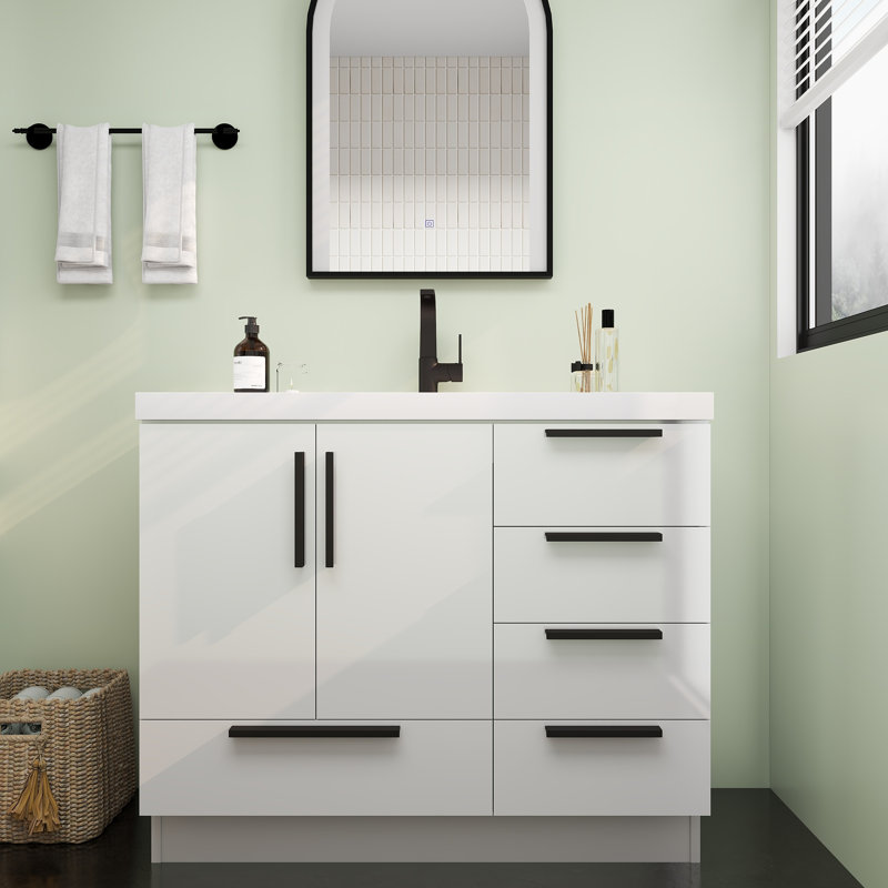 Meuble-lavabo autoportant avec tiroirs à droite Carla, 42", Blanc brillant