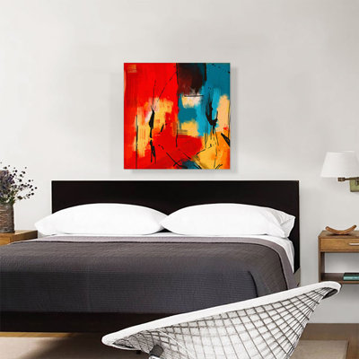Abstrait brun clair orange, bleu sarcelle, rouge, jaune, reproduction d'art sur toile tendue