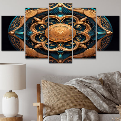 Mandala de l'ancienne Atlantide en or et turquoise VI - Boho Mandala Wall Art Living Room - 5 panneaux
