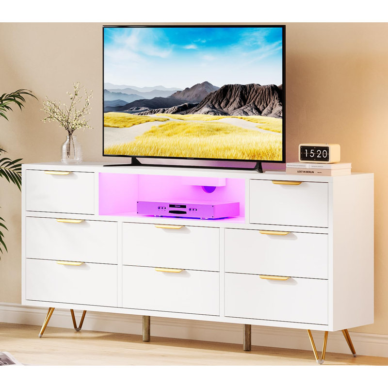 Meuble télé blanc, commode 8 tiroirs avec prise de courant et lumière DEL, commode en bois moderne pour chambre à coucher, salon, placard, couloir (blanc)