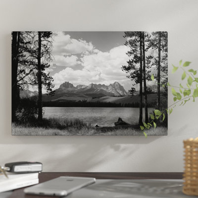 " 1960s Little Red Fish Lake In Idaho With Saw Tooth Mountains In Background Viewed Between Clearing In Trees " Black and White Photography