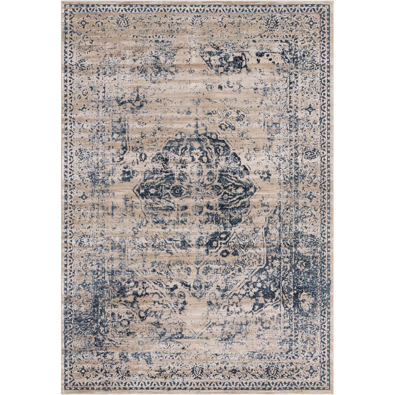 Arkeen Oriental Dark Blue/Beige/Ivory/Gray Area Rug, Rectangle 7'1" x 10'